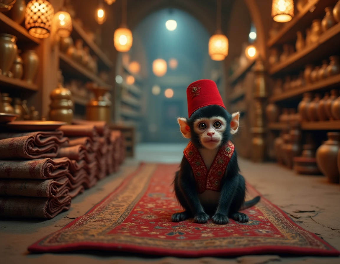 Abu le singe d'Aladdin en fez rouge assis sur des tapis persans dans un bazar oriental rempli d'objets en cuivre et de lanternes