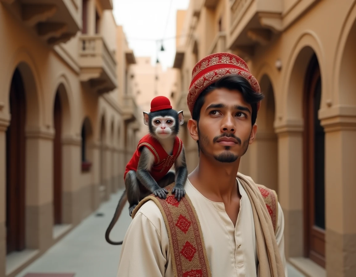 Abu le singe d'Aladdin perché sur l'épaule d'un jeune homme dans une ruelle de médina aux arches en pierre sculptée