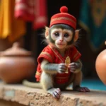 Abu le singe capucin d'Aladdin en gilet rouge et fez assis dans un marché oriental avec un bijou doré entre les mains