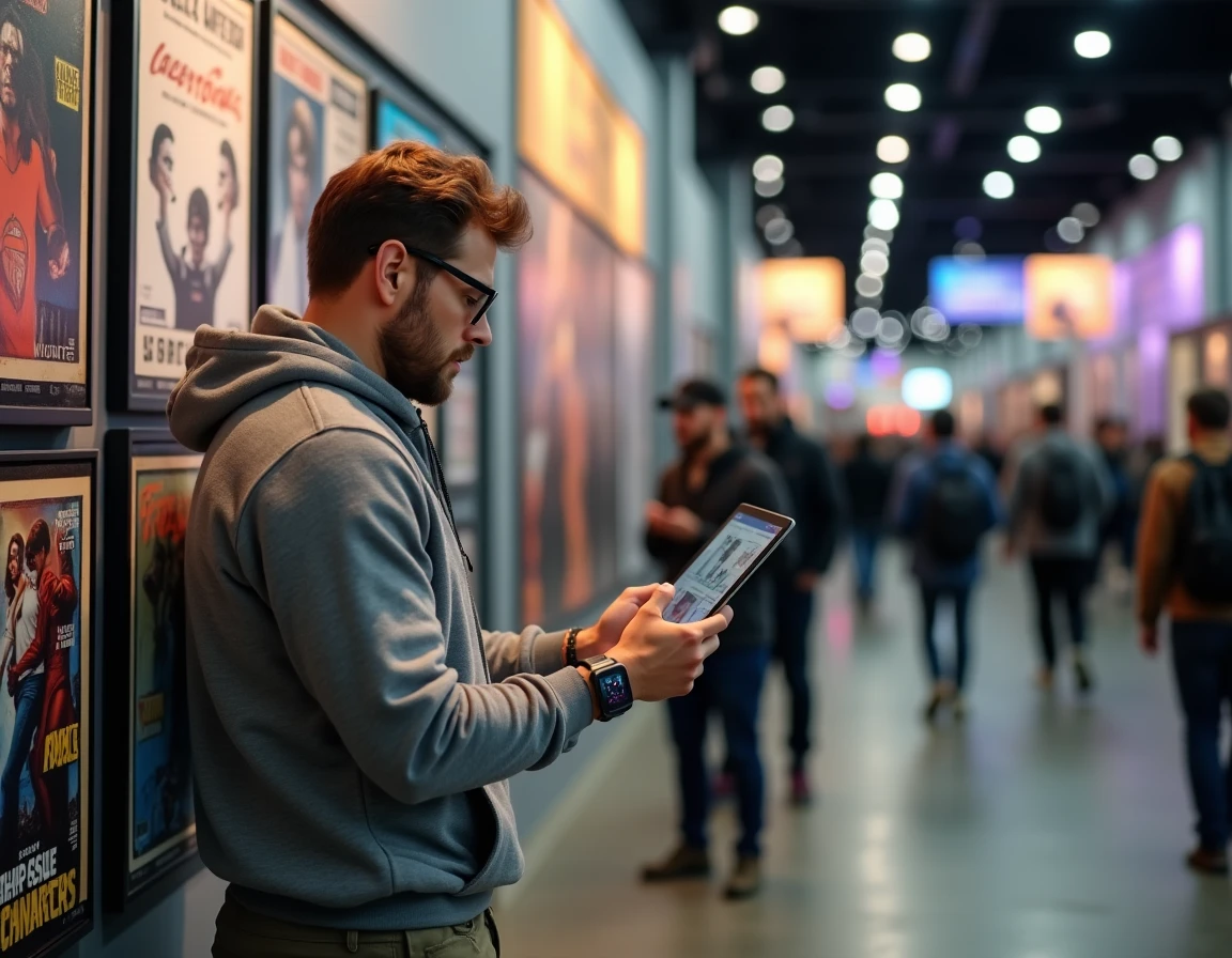 Homme geek consultant les dernières actualités sur tablette devant un mur de posters vintage lors d'une convention pop culture