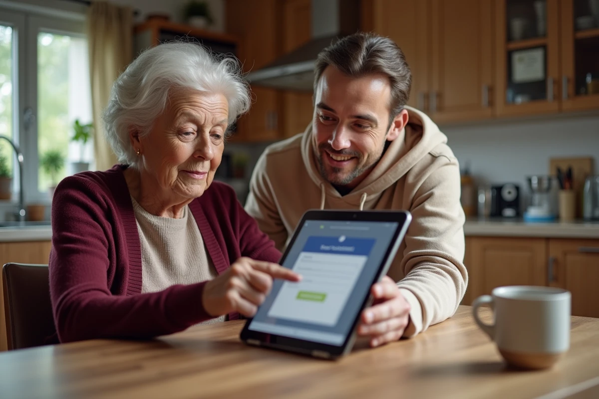 Senior aidée par un proche pour créer un compte administratif en ligne sur une tablette dans une cuisine