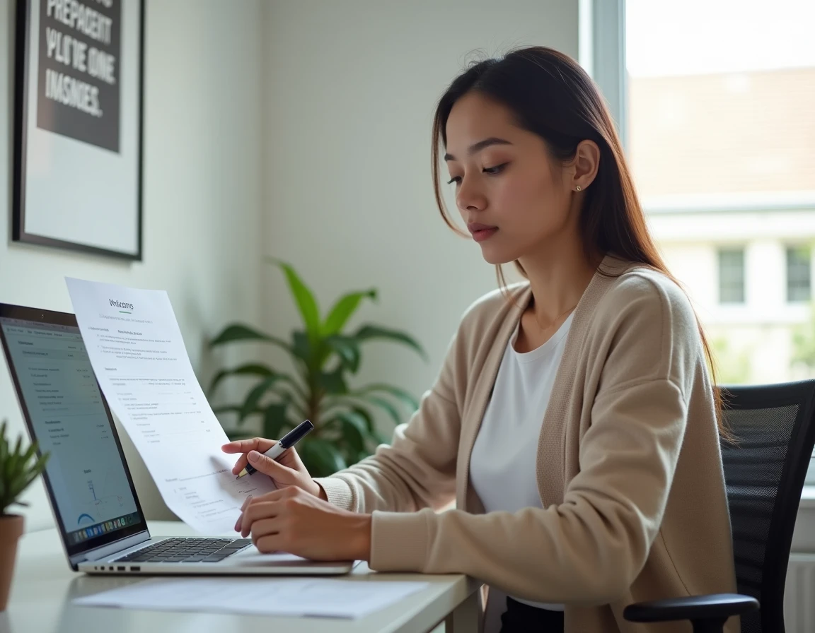 Jeune professionnelle analysant une liste de prospects sur papier et CRM depuis son bureau à domicile