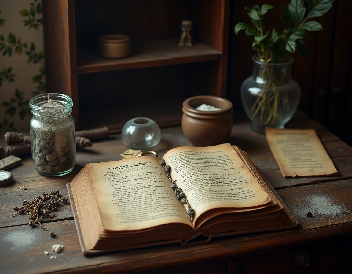 Bureau ancien avec livres de folklore ouverts, bocal de cendres et notes manuscrites sur les croyances et superstitions liées aux cendres