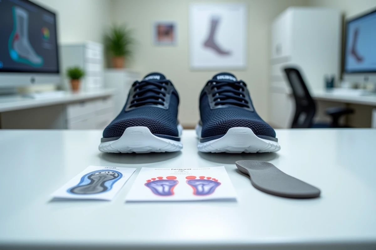 Chaussures Skechers posées sur une table d'examen podologique avec des outils d'analyse de la marche