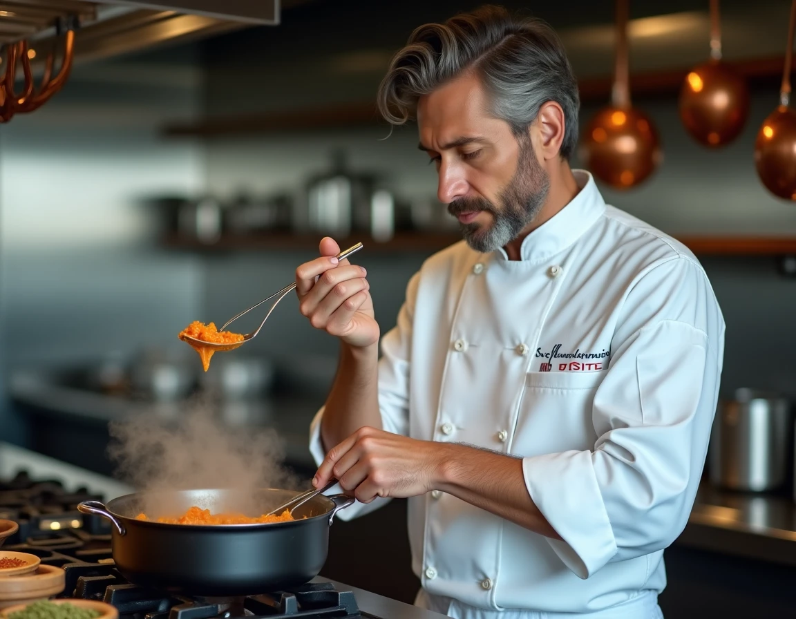 Chef en veste blanche goûtant une sauce mijotée dans une cuisine professionnelle entourée d'épices et de casseroles en cuivre