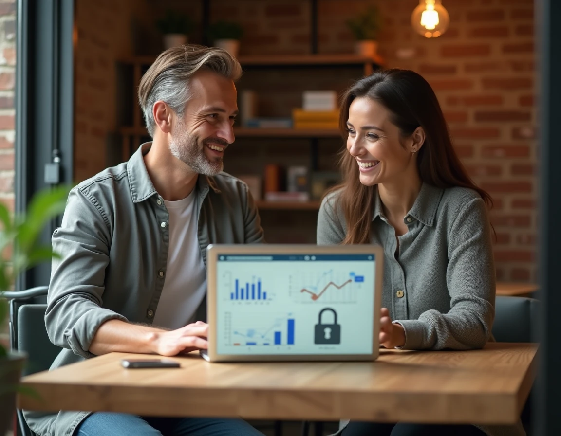 Deux professionnels collaborant autour d'un tableau de bord e-commerce pour optimiser et sécuriser leur activité en ligne