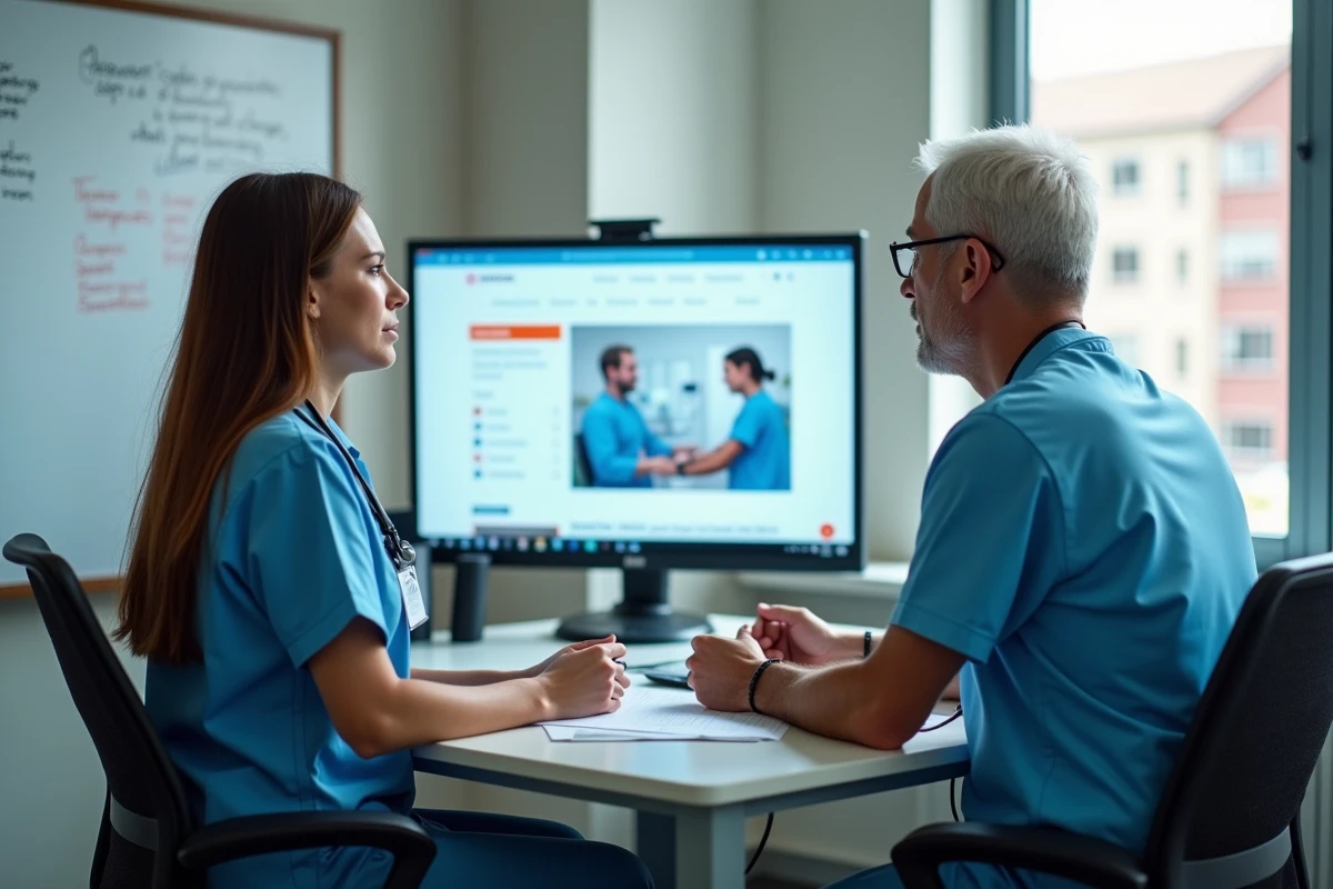 Deux professionnels de santé collaborant autour d'un site santé sur un écran dans une salle de formation médicale