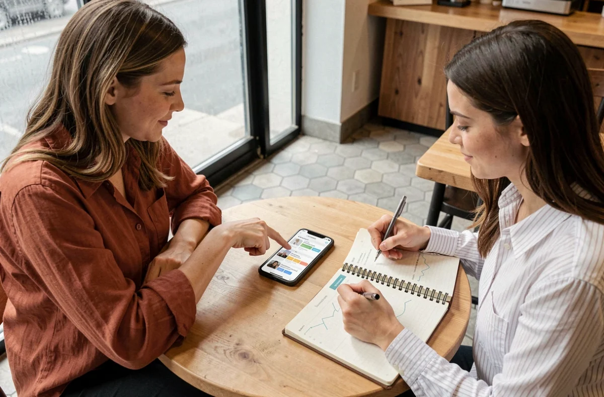 Deux femmes collaborant sur la stratégie de programmation de leurs publications sur les réseaux sociaux dans un café