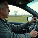 Conducteur anxieux dans une voiture en campagne française