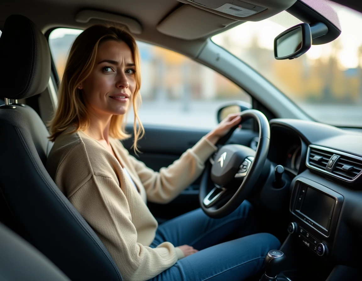 Conductrice inquiète observant le voyant clé à molette dans une Citroën C3