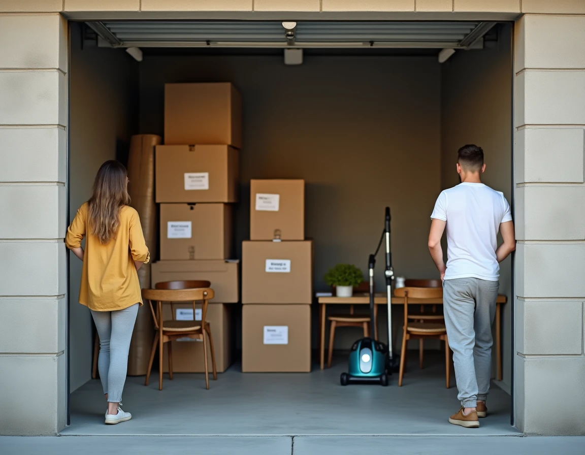 Couple devant un box de stockage contenant l'équivalent de 4m3 de meubles et cartons de déménagement