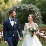 Jeune couple marié dans un jardin fleuri lors d'un mariage