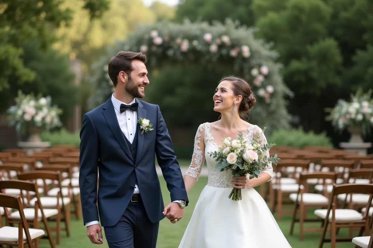 Jeune couple marié dans un jardin fleuri lors d'un mariage