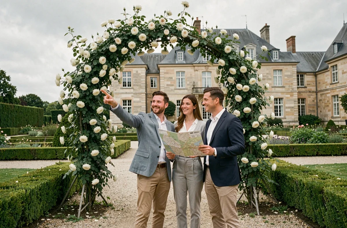 Couple visitant un château de mariage en France avec un plan du site dans les mains