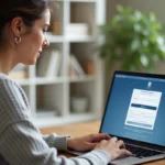Femme créant un compte administratif en ligne sur un portail gouvernemental français depuis son bureau à domicile