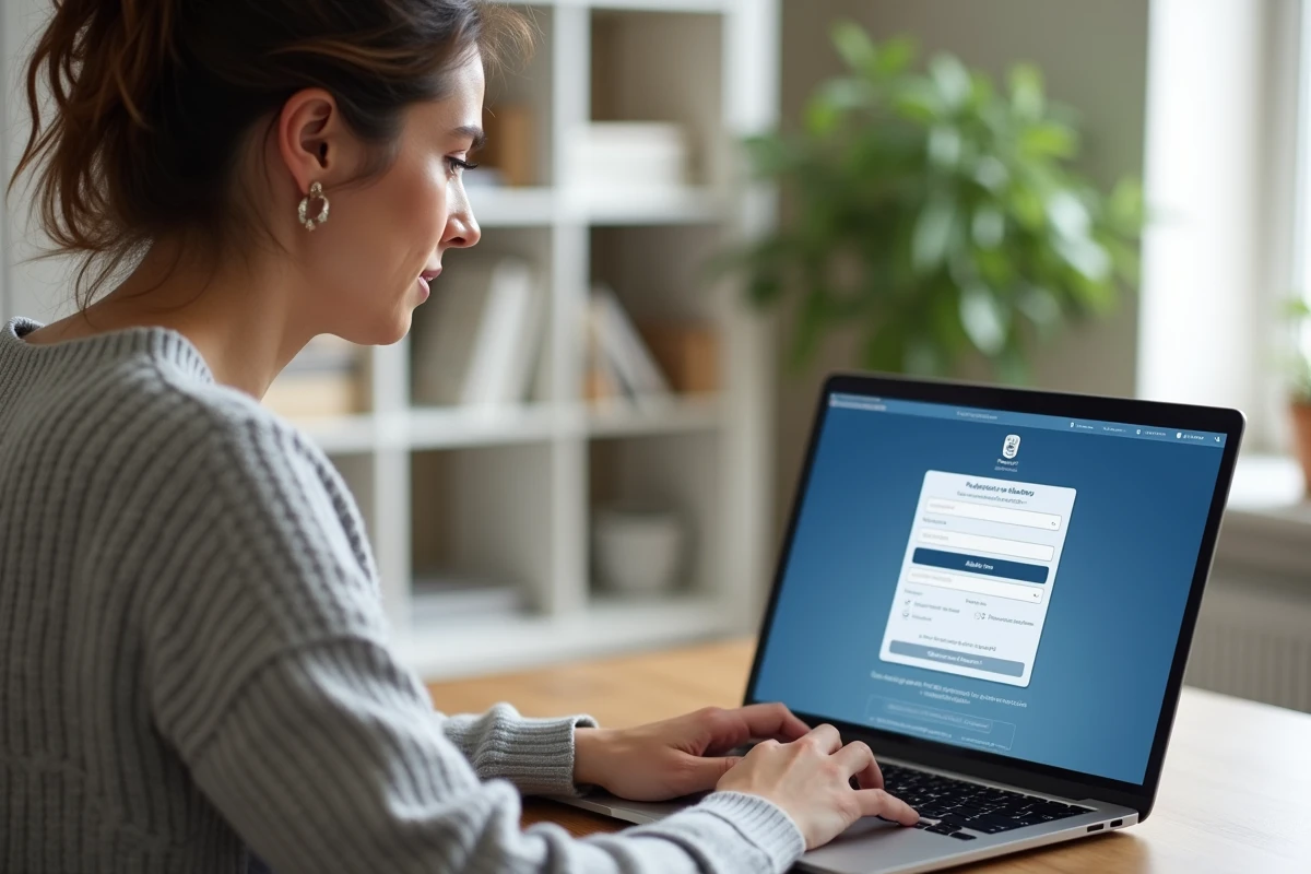 Femme créant un compte administratif en ligne sur un portail gouvernemental français depuis son bureau à domicile