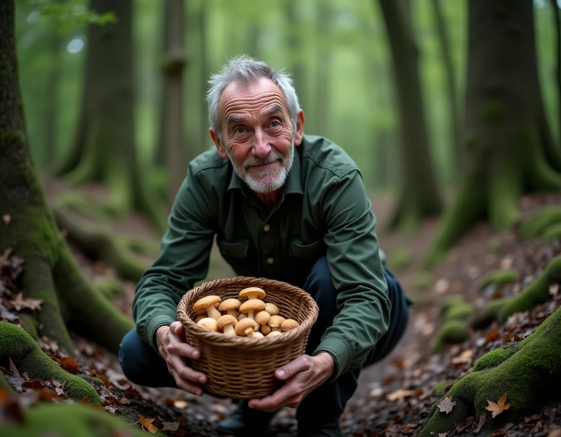 Cueilleur expérimenté ramassant des trompettes de la mort en forêt dans un panier en osier