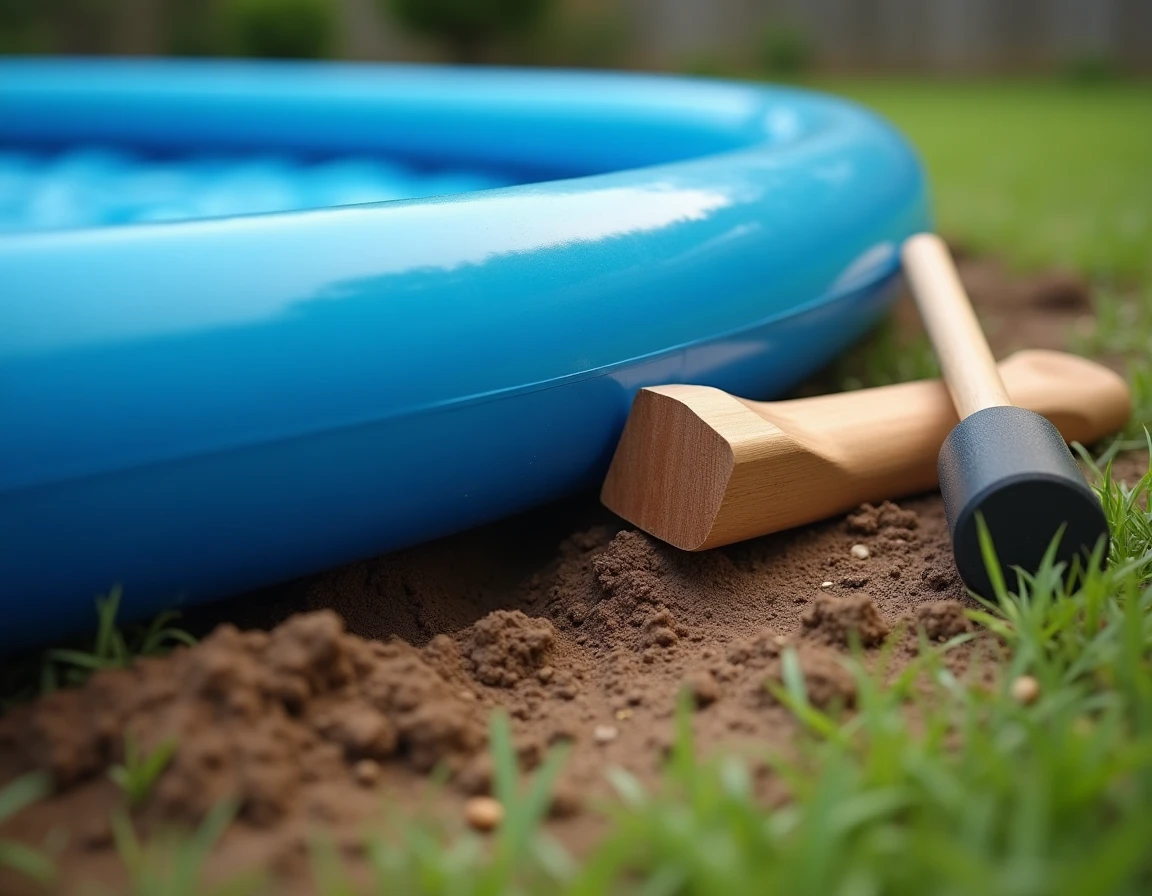 Détail de la base d'une piscine autoportée sur sol inégal avec outils de nivellement