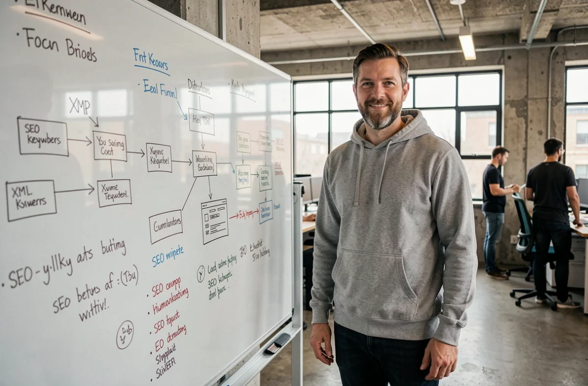 Développeur web présentant une architecture de sitemap XML sur un tableau blanc dans un espace de travail collaboratif