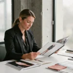 Éditrice de mode consultant un lookbook de défilés Chanel dans un bureau parisien contemporain