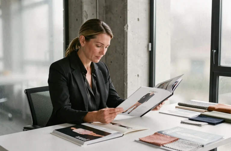 Éditrice de mode consultant un lookbook de défilés Chanel dans un bureau parisien contemporain