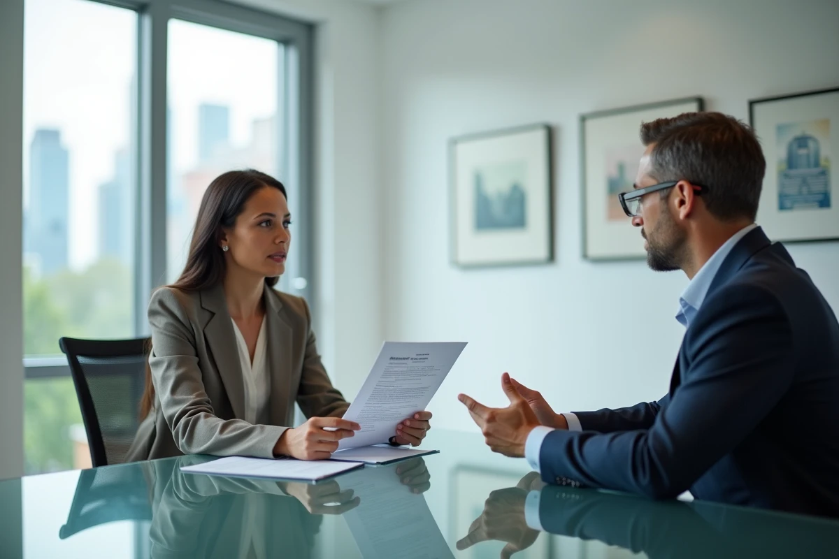 Entretien d'embauche entre deux professionnels dans une salle de réunion moderne après avoir trouvé un emploi via une plateforme de talents
