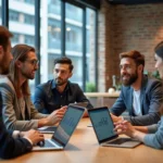 Groupe de professionnels analysant des données numériques en réunion