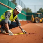 Expert en construction inspectant la surface d'un terrain de tennis en terre battue en cours d'aménagement