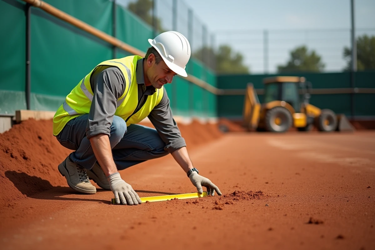 Expert en construction inspectant la surface d'un terrain de tennis en terre battue en cours d'aménagement