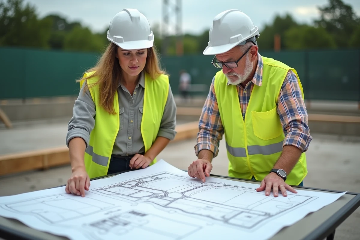 Deux experts étudiant les plans de construction d'un terrain de tennis sur chantier