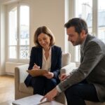 Femme d'affaires discutant de documents immobiliers à Paris