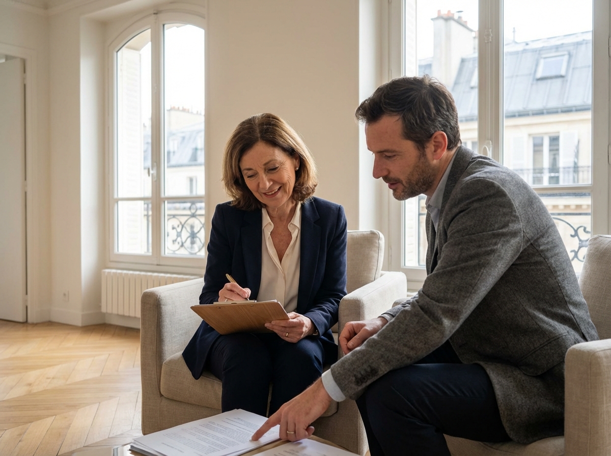 Femme d'affaires discutant de documents immobiliers à Paris