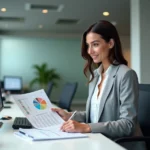Femme professionnelle analysant des données d'enquête sur une feuille Excel imprimée dans un bureau moderne