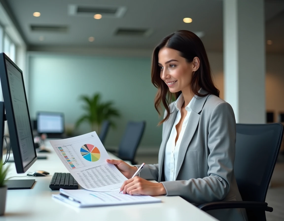 Femme professionnelle analysant des données d'enquête sur une feuille Excel imprimée dans un bureau moderne