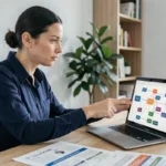 Femme professionnelle analysant une structure de sitemap sur son ordinateur portable dans un bureau moderne