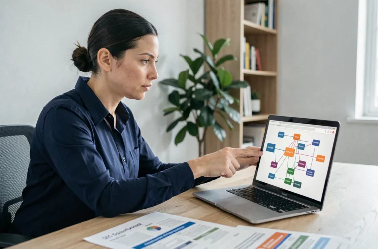 Femme professionnelle analysant une structure de sitemap sur son ordinateur portable dans un bureau moderne