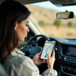 Femme consultant une application de navigation routière en voiture sur les autoroutes espagnoles gratuites