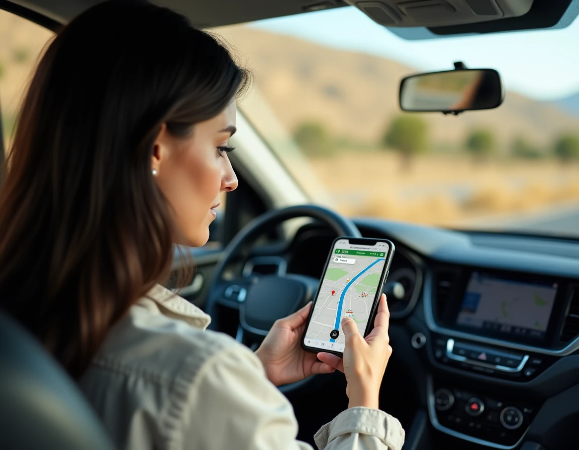 Femme consultant une application de navigation routière en voiture sur les autoroutes espagnoles gratuites