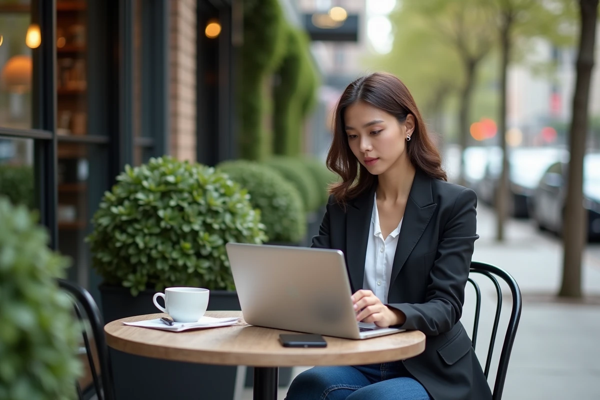 Jeune femme analysant des métriques marketing en extérieur
