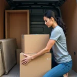 Femme organisant des cartons dans un camion de déménagement de 4m3 rempli à moitié avec meubles et affaires