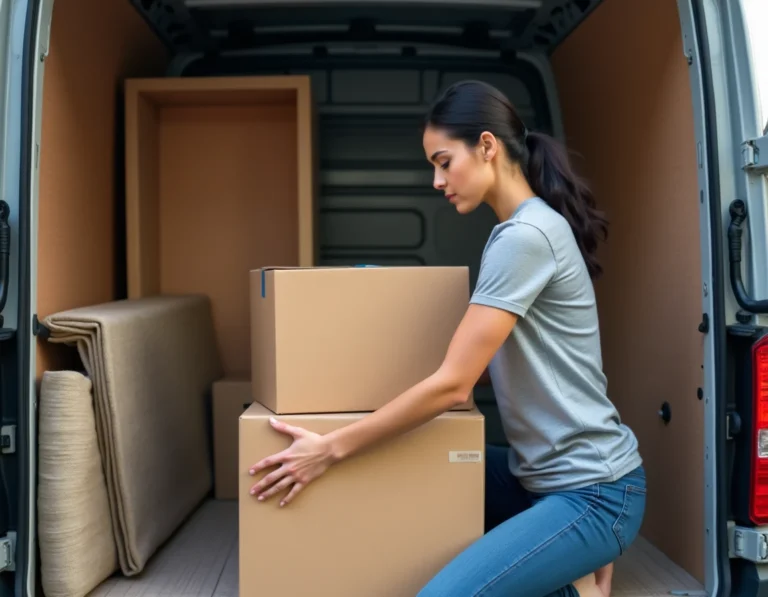 Femme organisant des cartons dans un camion de déménagement de 4m3 rempli à moitié avec meubles et affaires