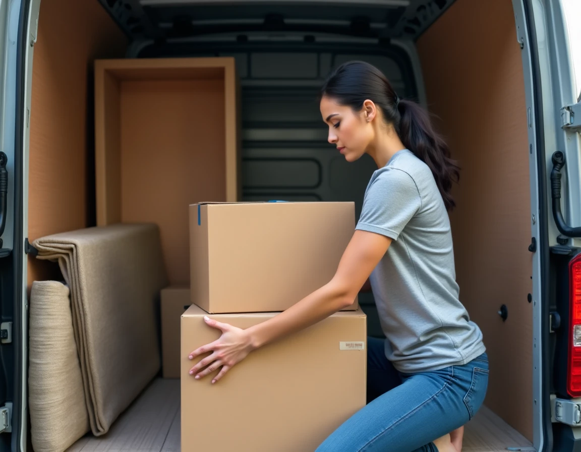 Femme organisant des cartons dans un camion de déménagement de 4m3 rempli à moitié avec meubles et affaires
