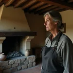 Femme hésitante devant une cheminée remplie de cendres dans une maison rustique, symbolisant la superstition liée aux cendres à domicile