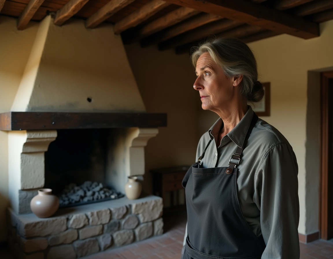 Femme hésitante devant une cheminée remplie de cendres dans une maison rustique, symbolisant la superstition liée aux cendres à domicile