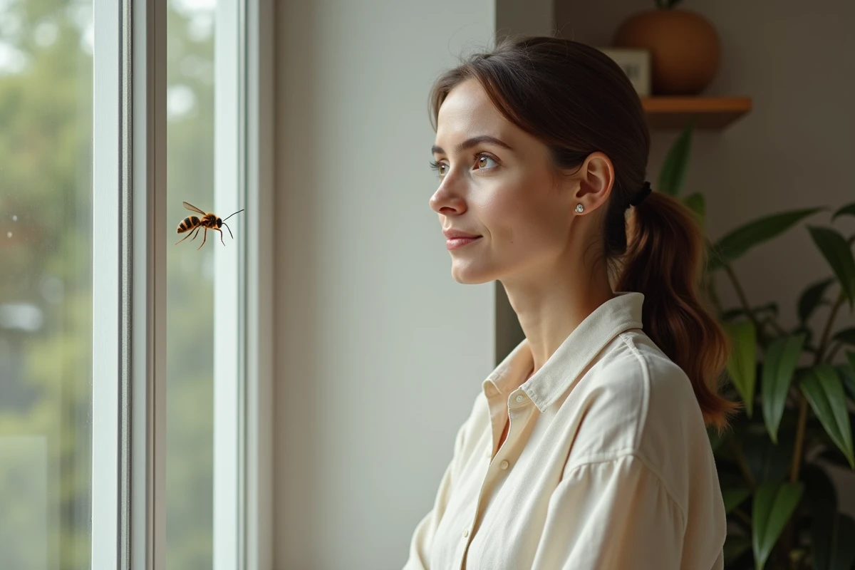 Femme contemplant un frelon posé sur la vitre d'une fenêtre, moment de réflexion sur la signification symbolique et spirituelle de l'insecte