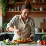 Femme ajoutant des herbes fraîches sur un plat coloré dans une cuisine moderne avec des étagères en bois et des épices en bocaux