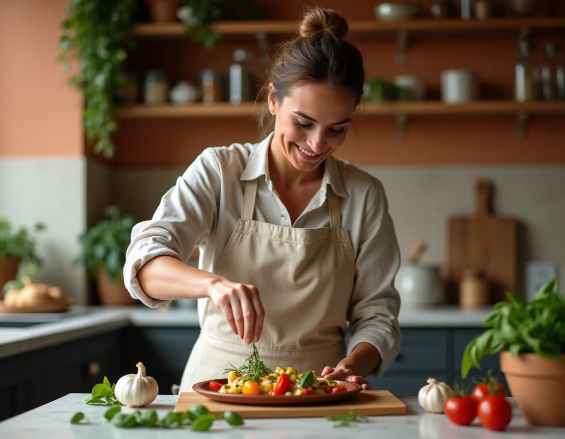 Femme ajoutant des herbes fraîches sur un plat coloré dans une cuisine moderne avec des étagères en bois et des épices en bocaux