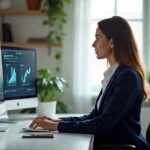Femme entrepreneur analysant les performances de son business en ligne sur des écrans d'ordinateur dans un bureau moderne