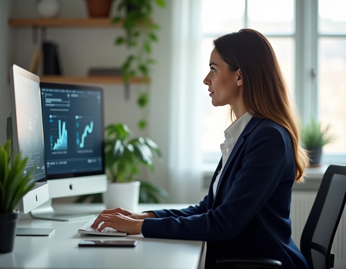 Femme entrepreneur analysant les performances de son business en ligne sur des écrans d'ordinateur dans un bureau moderne