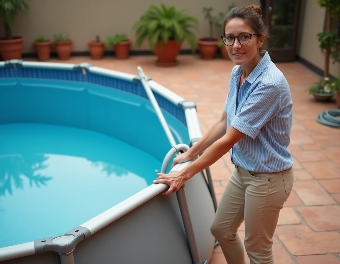 Femme utilisant un niveau pour corriger l'inclinaison d'une piscine autoportée ronde